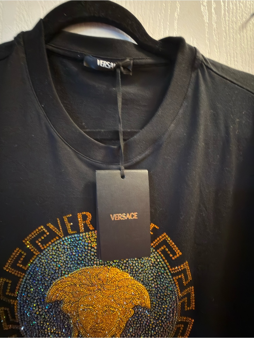 Versace Black Tee with Gold and Iridescent Crystal Medusa Motif